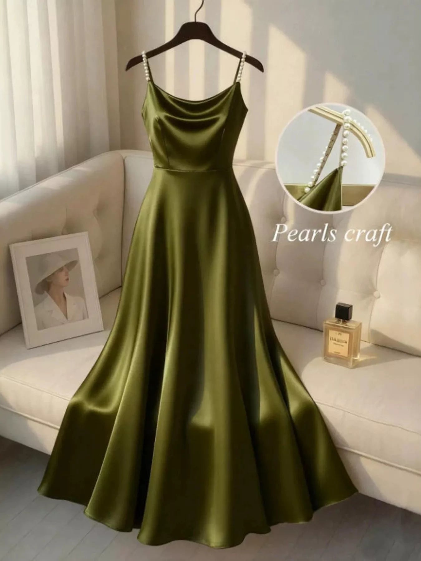 Pearl-strap satin maxi dress fabric detail