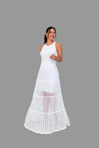 White sleeveless openwork maxi dress, side view
