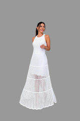 White sleeveless openwork maxi dress, side view