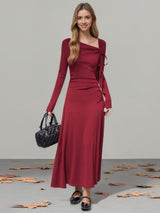 Red asymmetrical neckline long sleeve dress