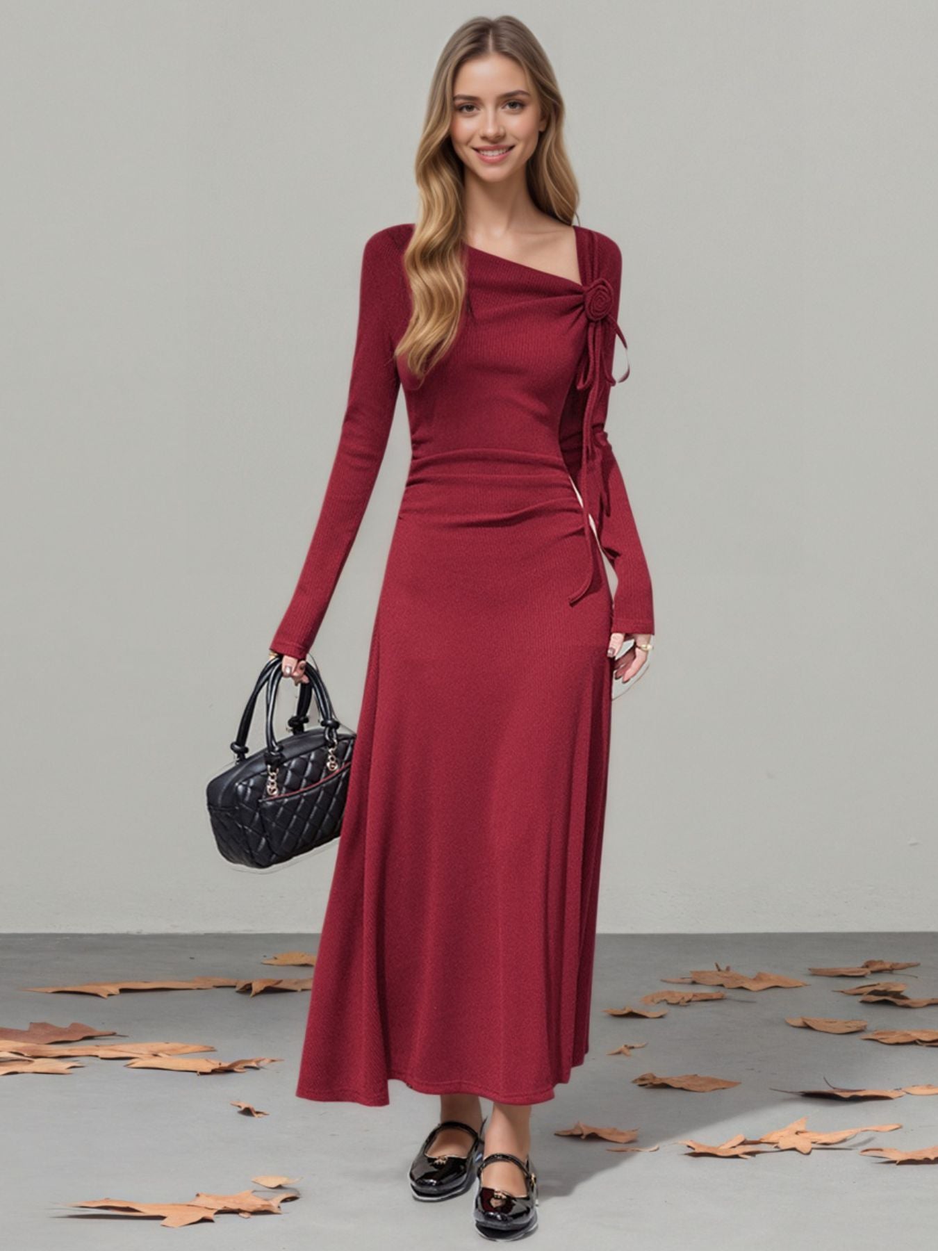 Red asymmetrical neckline long sleeve dress