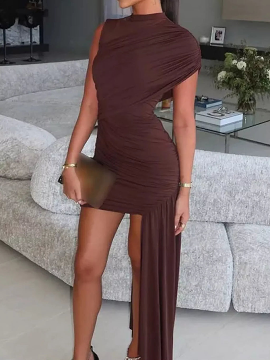 Dark brown asymmetrical mock-neck mini dress