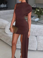 Dark brown asymmetrical mock-neck mini dress
