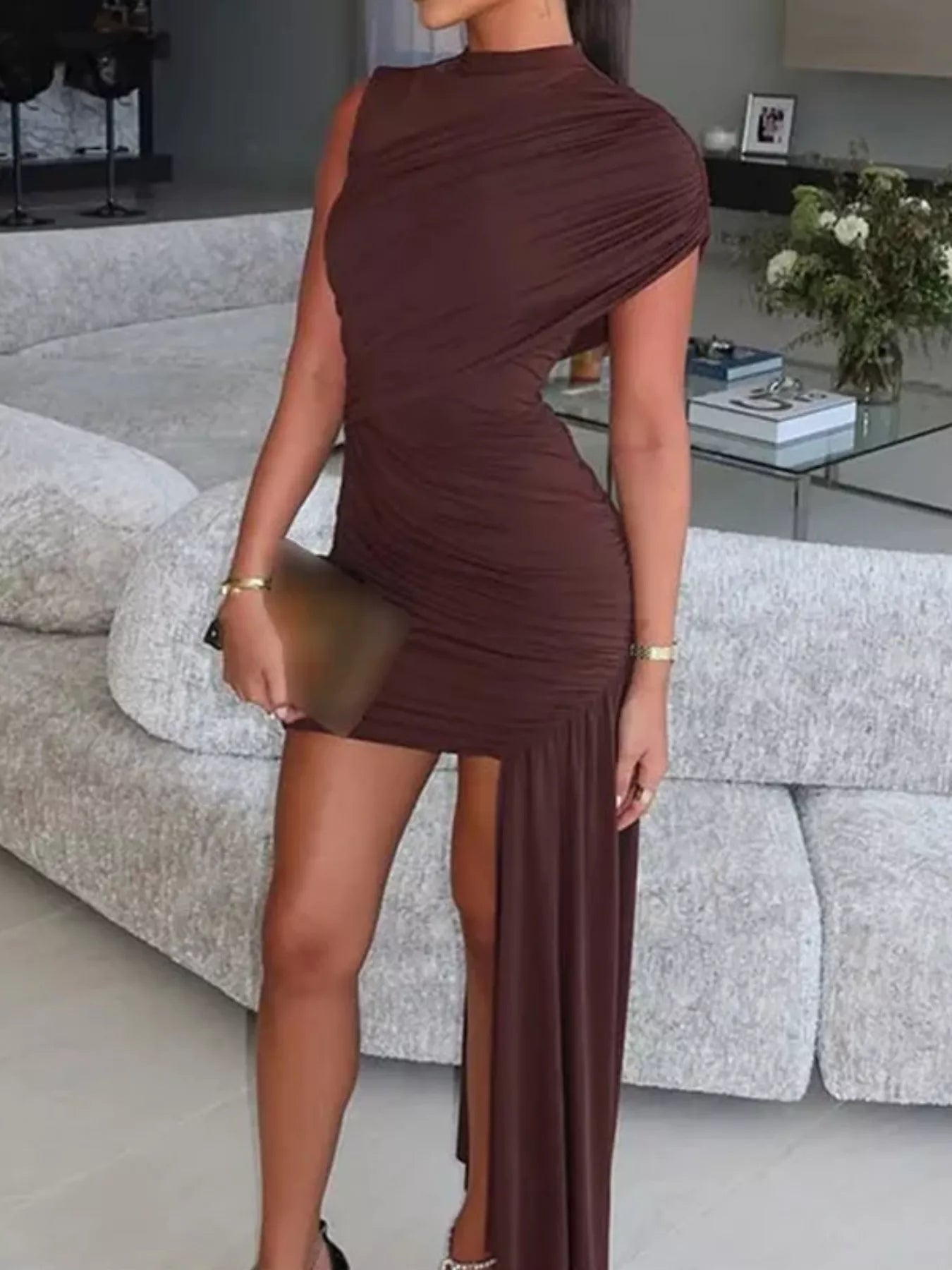 Dark brown asymmetrical mock-neck mini dress