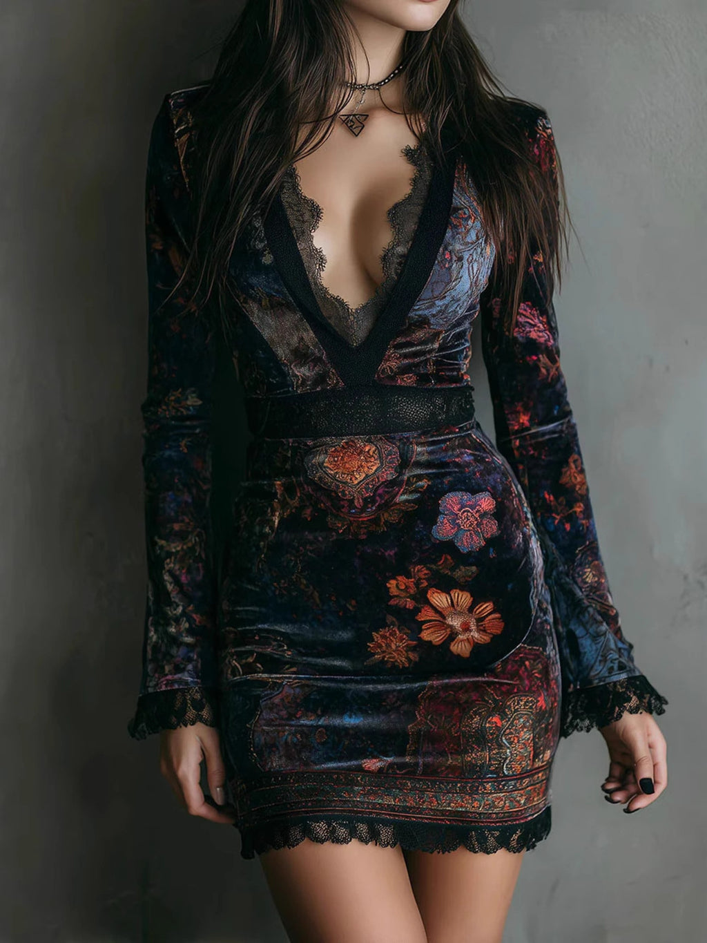 Floral lace-detail velvet mini dress front view