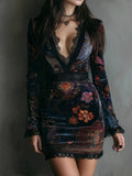 Floral lace-detail velvet mini dress front view
