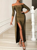 Gold slit midi dress full-length view