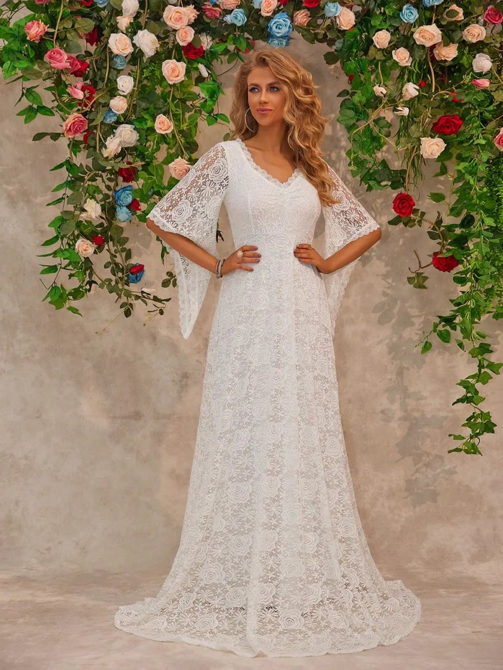White lace V-neck floor-length dress front view