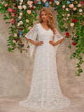 White lace V-neck floor-length dress front view