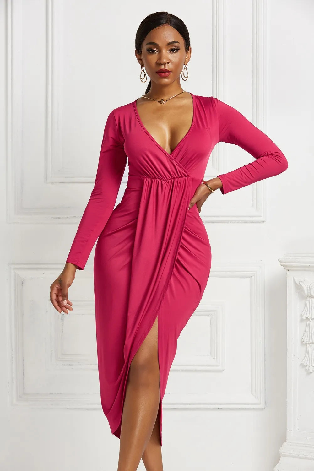High-Low Ruched Surplice Long-Sleeve Dress - product image 4