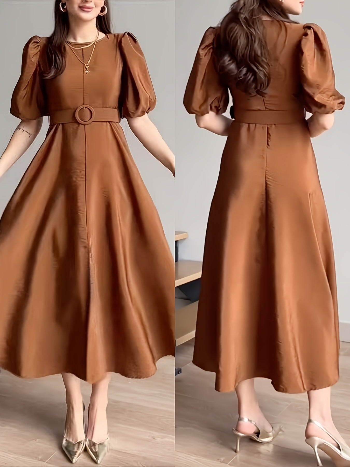 Tan belted midi dress side view