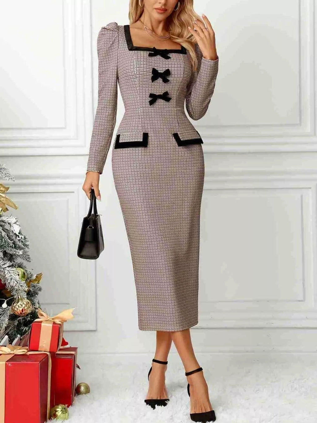 Khaki houndstooth midi dress with bow accents front view