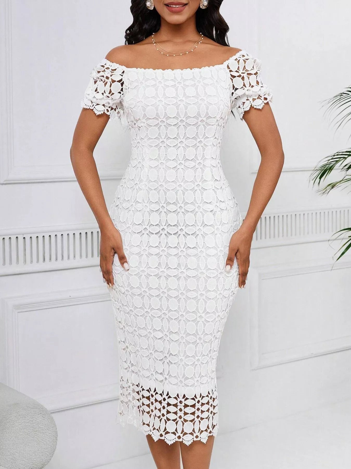 Short-Sleeve Lace Midi Dress with Slit - product view 1