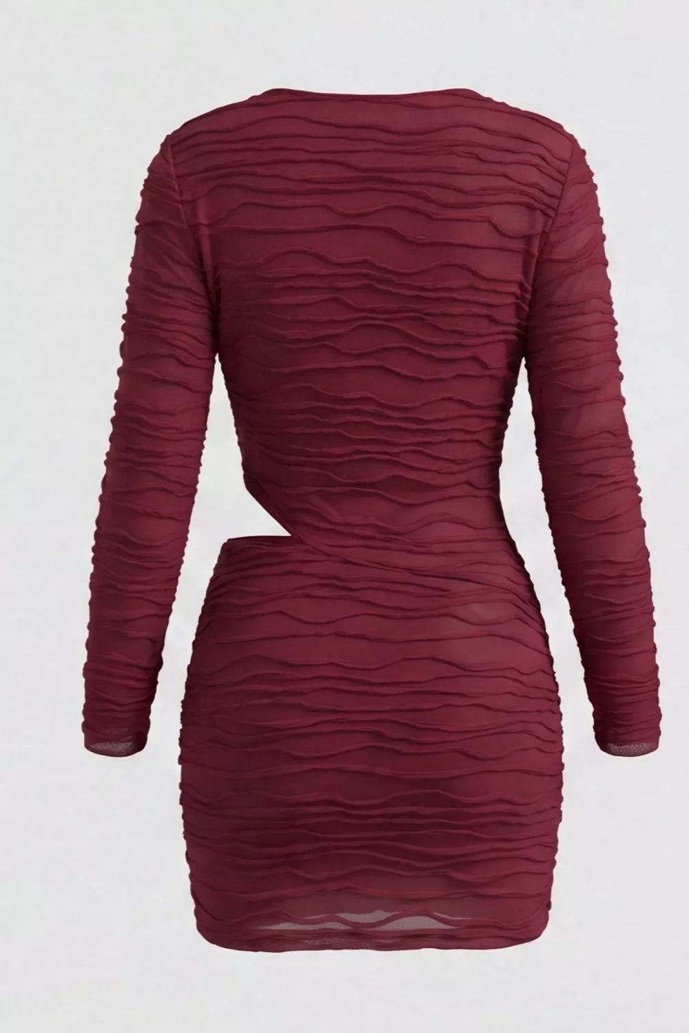 Burgundy ruched cowl-neck mini dress, back view.