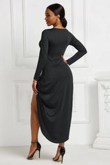 Black ruched long-sleeve wrap dress, back view