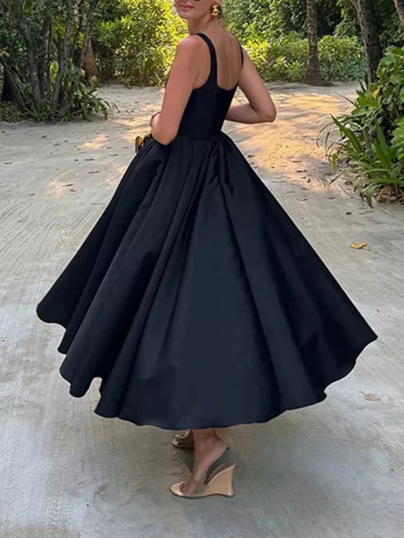 Black square neck A-line midi dress 2