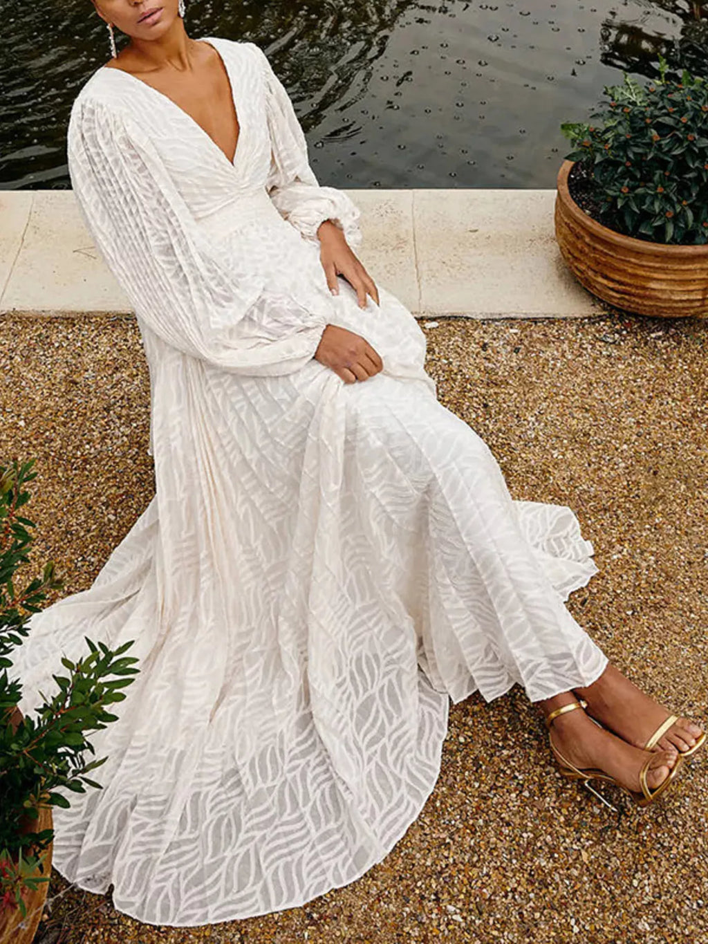 White V-neck maxi dress detail