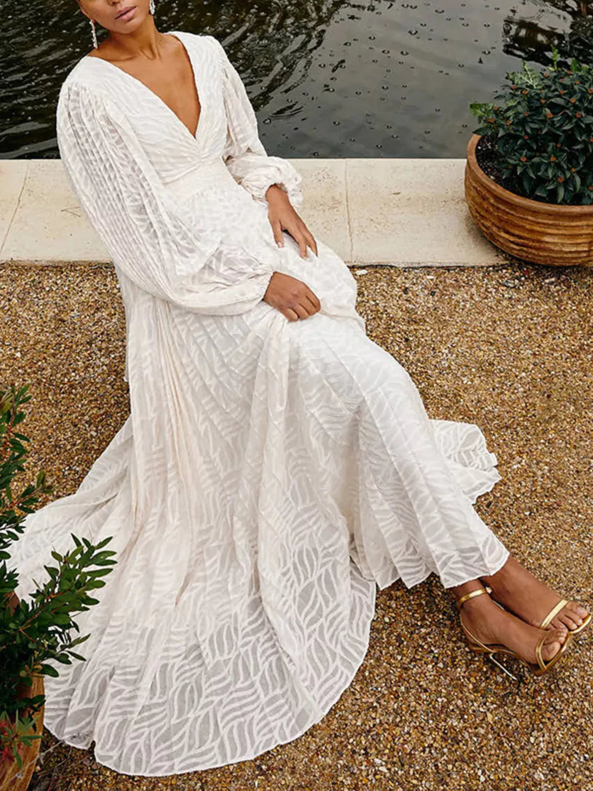 White V-neck maxi dress detail