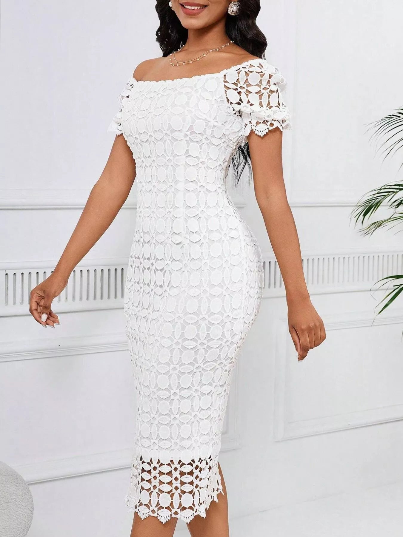 Short-Sleeve Lace Midi Dress with Slit - product view 2