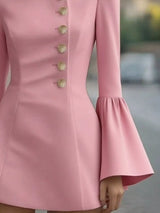 Pink ruffled bell-sleeve mini dress, button detail.