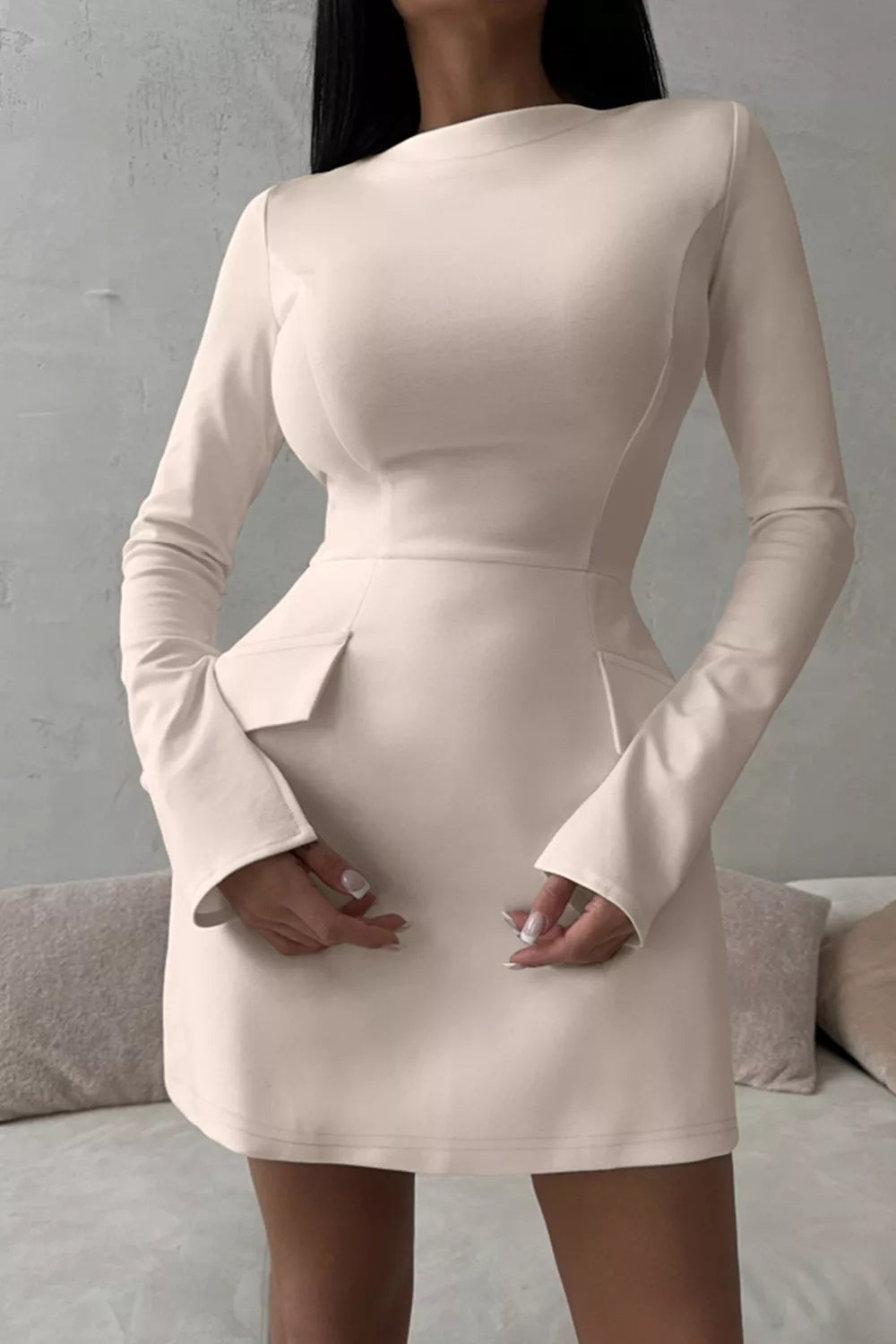 Ivory button-front long-sleeve mini dress, front view.