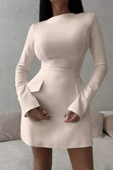 Ivory button-front long-sleeve mini dress, front view.