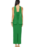 Green strapless long dress with matching neck scarf, back view