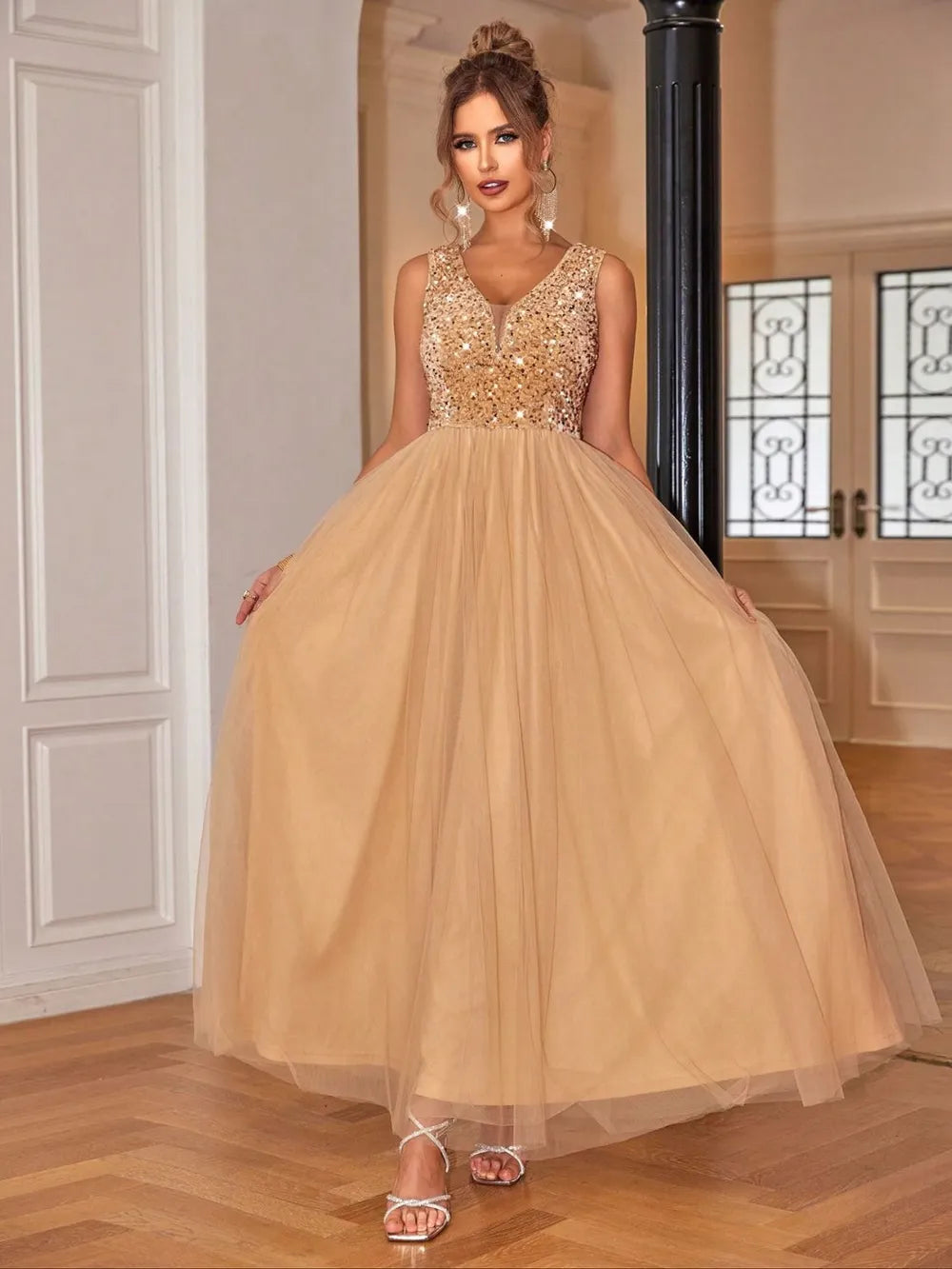 Tan sequin evening maxi dress
