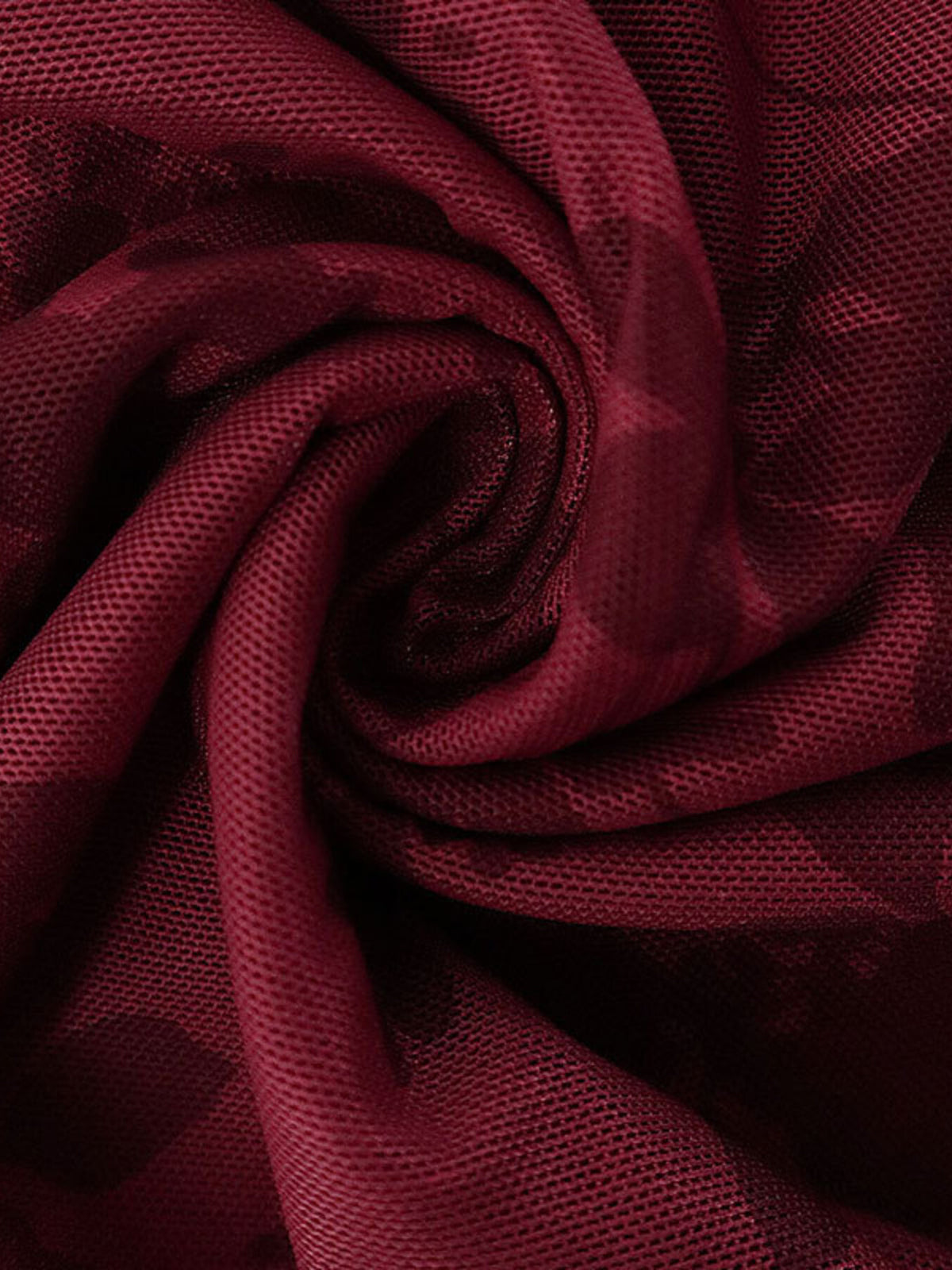 Burgundy floral mesh dress fabric close-up