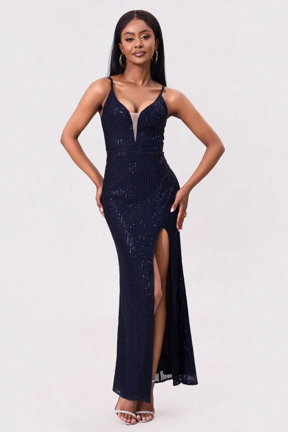 Backless sequin maxi dress side view
