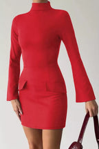 Red button-front long-sleeve mini dress, front view.