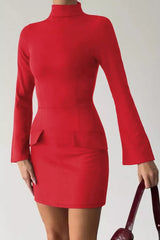 Red button-front long-sleeve mini dress, front view.