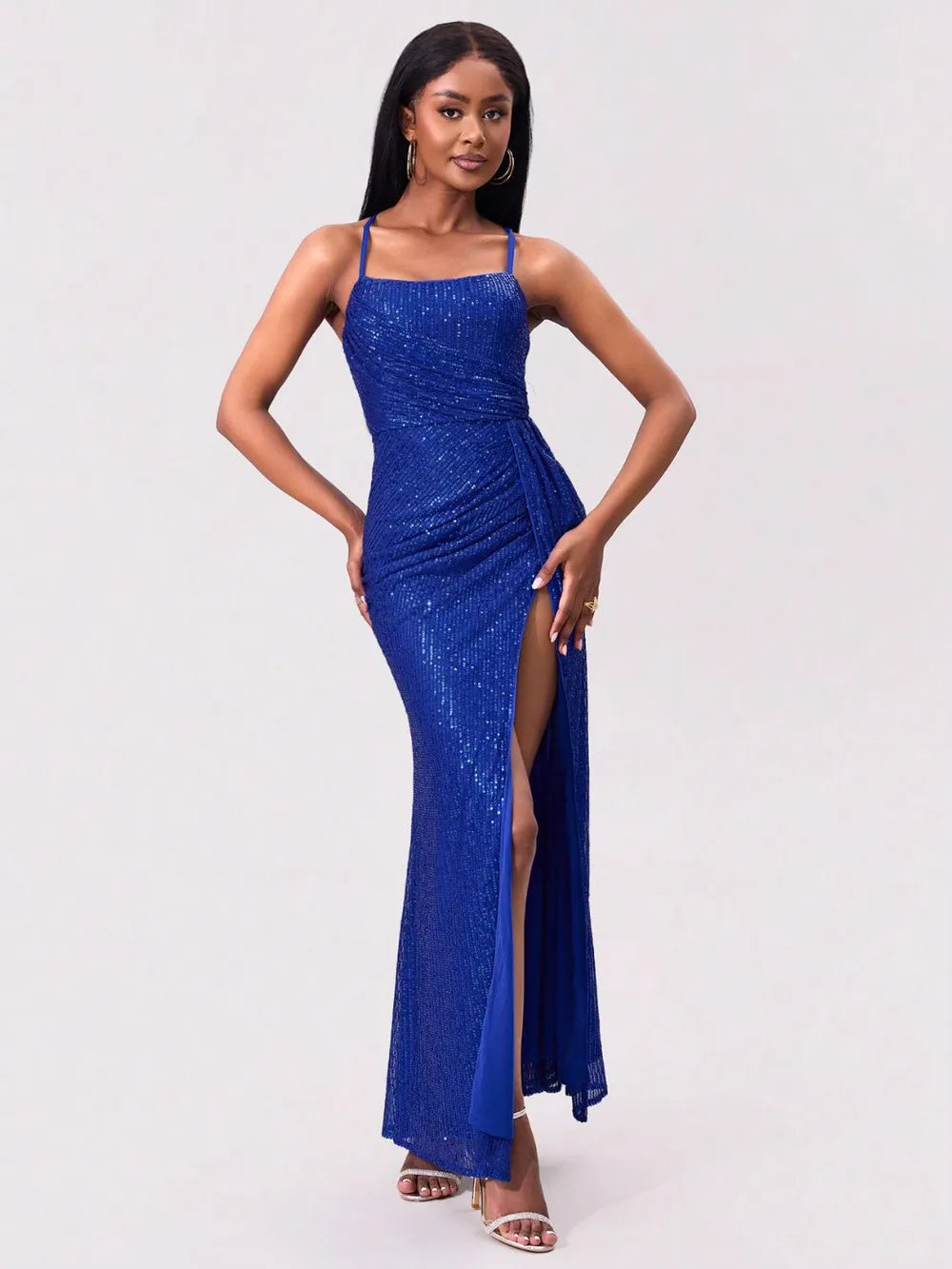 Royal-Blue Sequin Spaghetti-Strap Slit Dress - product view 1