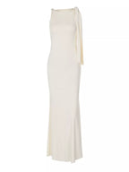 Elegant draped maxi dress fabric detail