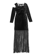 Black rhinestone fringe maxi dress, back view.