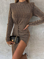 Camel mock neck mini dress front view