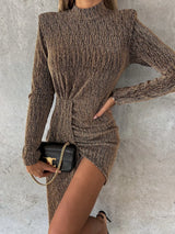 Camel mock neck mini dress front view