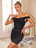Black off-shoulder sequin mini dress, front view