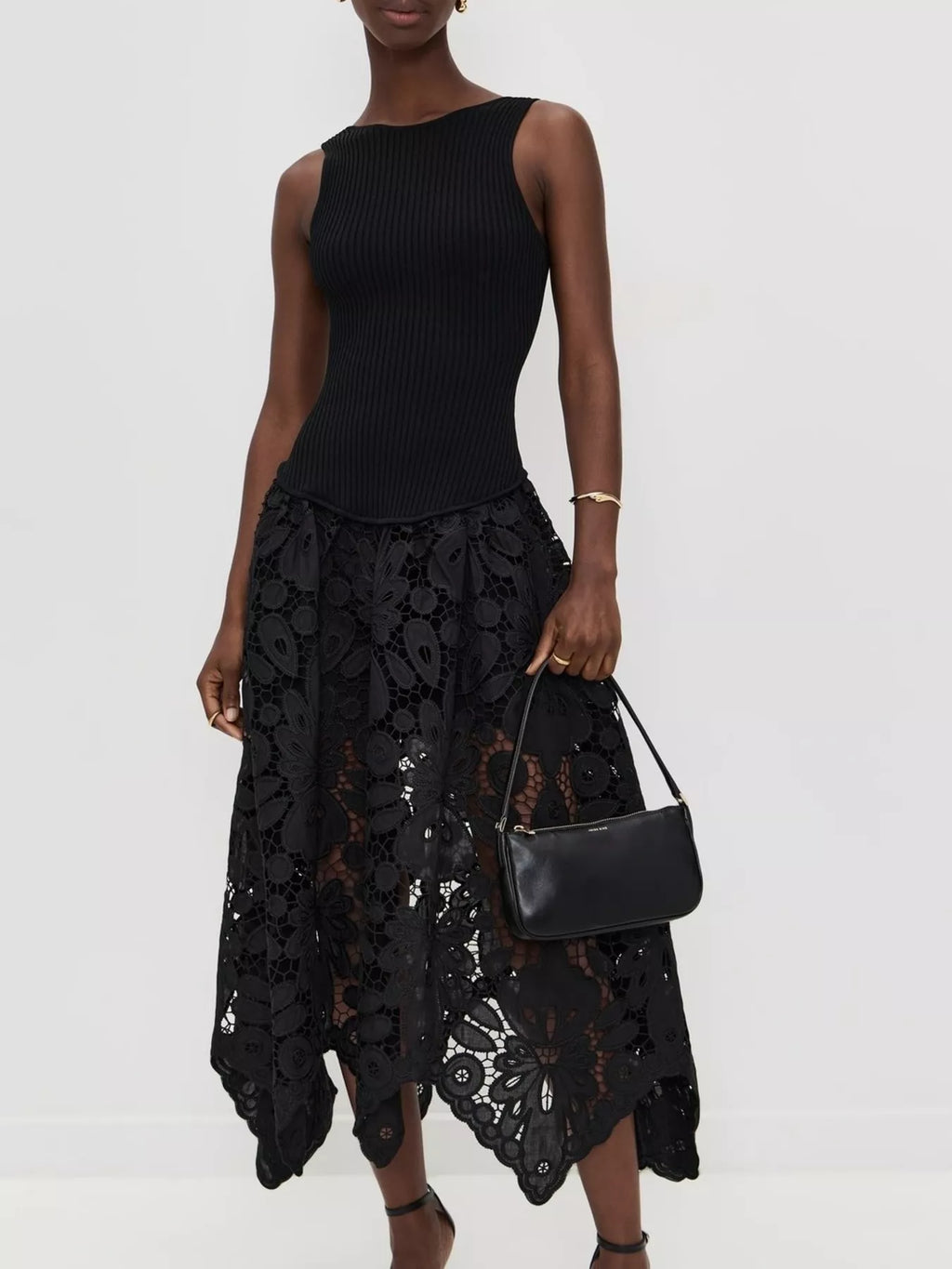 Black Sleeveless Ribbed Crochet Cutout Midi Dress - product view 5