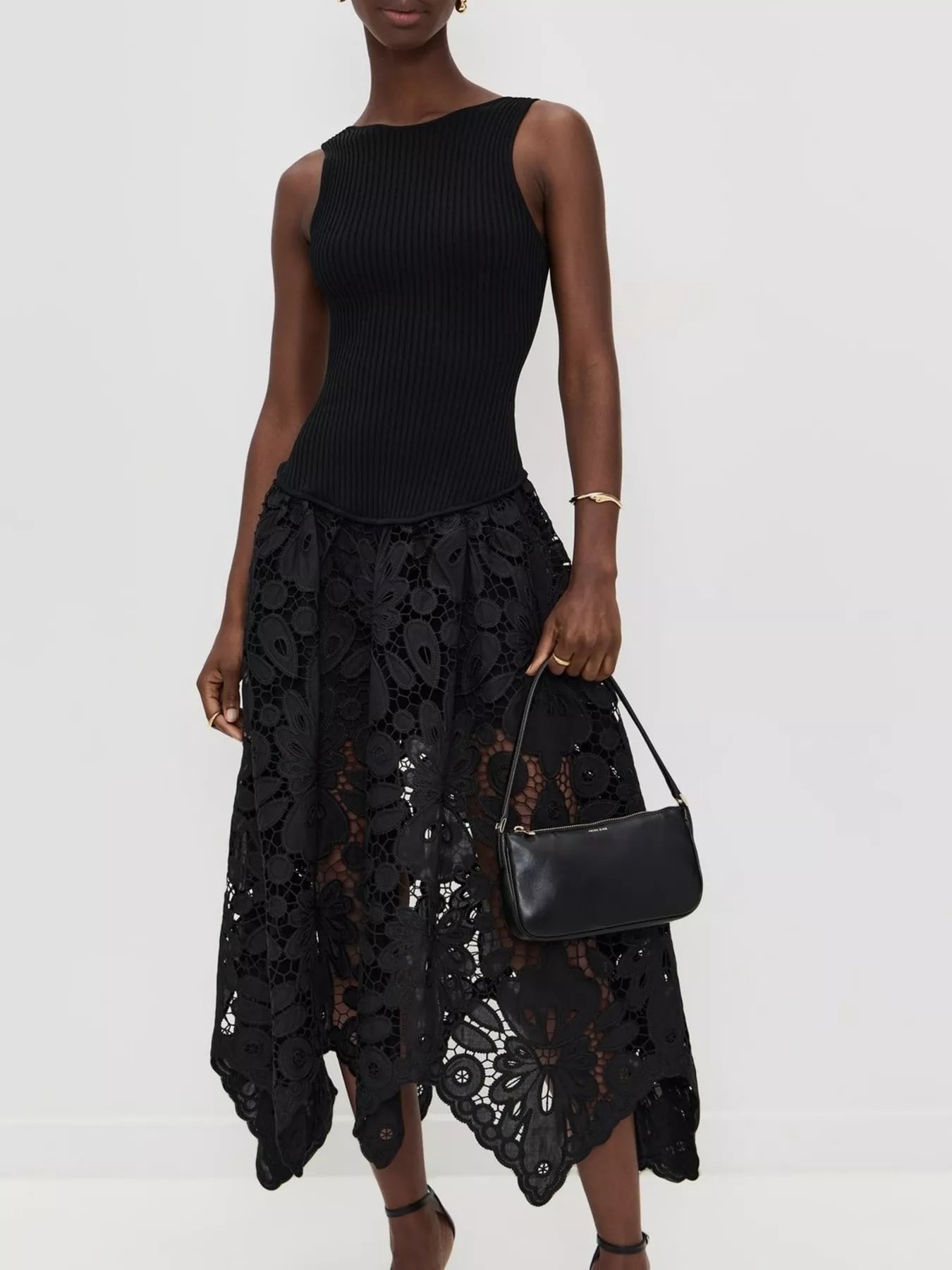 Black Sleeveless Ribbed Crochet Cutout Midi Dress - product view 5