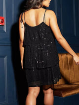 Black plus-size sequin tie-shoulder mini dress, back view.