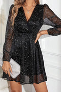 Black glitter long-sleeve mini dress front view