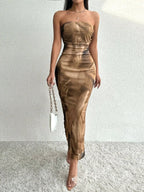 Brown print printed strapless side-slit maxi dress, front view.
