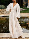 White V-neck long-sleeve maxi dress front view