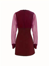 Burgundy glitter mesh long-sleeve mini dress, back view.