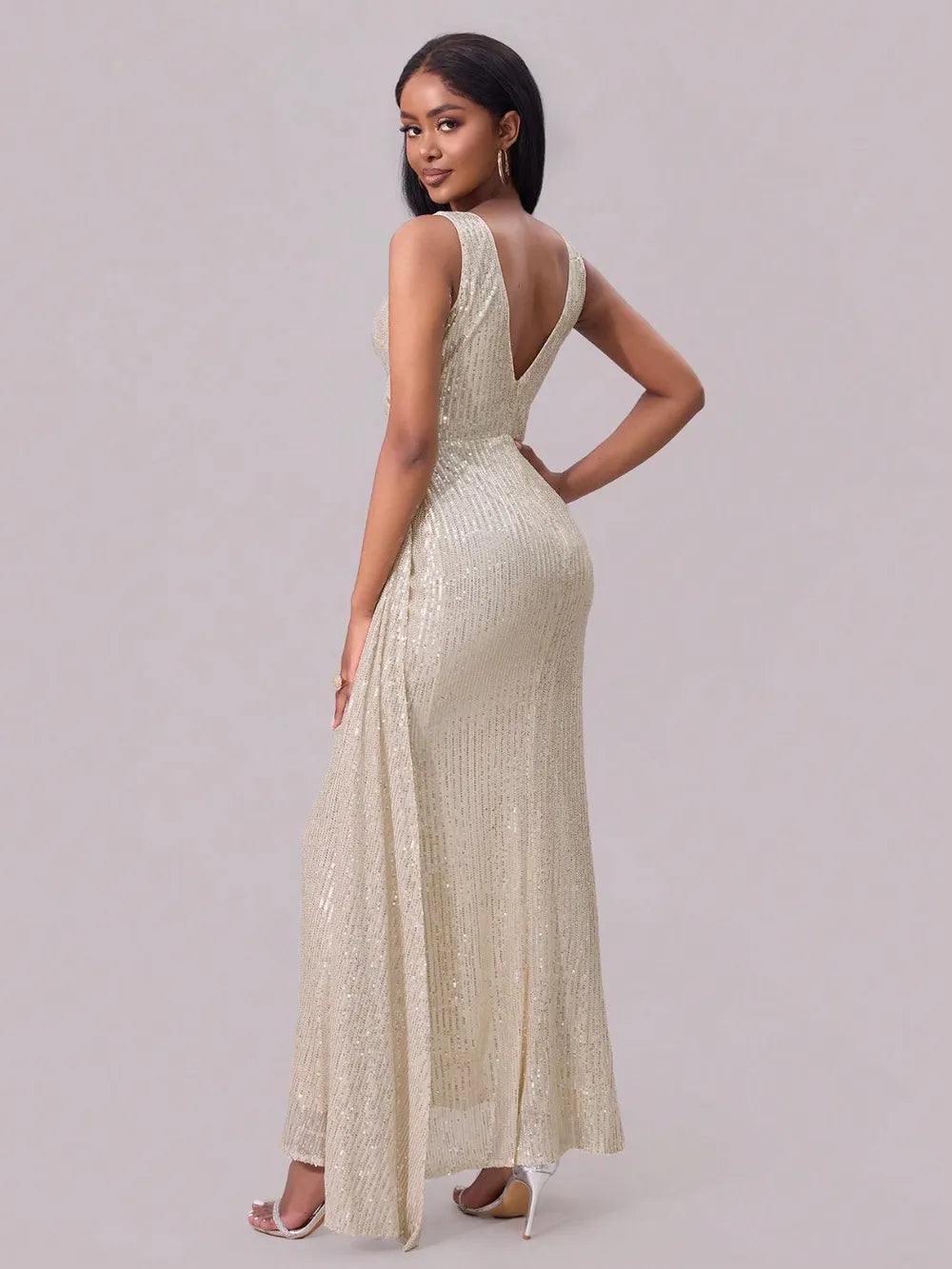Champagne sequin maxi dress side view
