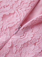 Pink lace long-sleeve midi dress, lace detail.
