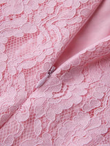 Pink lace long-sleeve midi dress, lace detail.