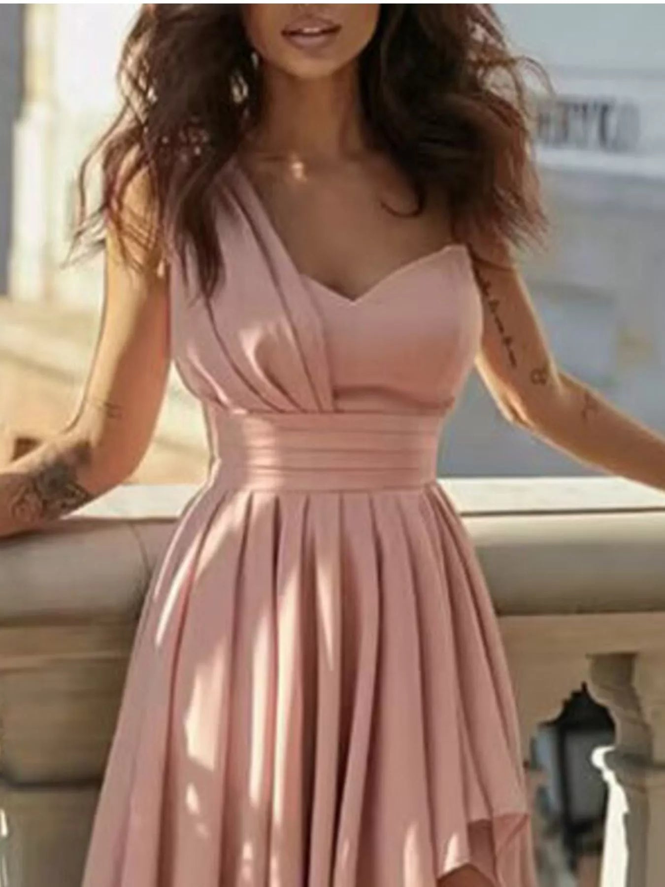 Deep-Red One-Shoulder High-Low Slit Maxi Dress - product view 5