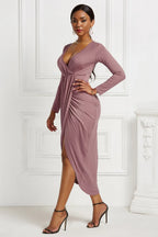 Mauve ruched long-sleeve wrap dress, front view with asymmetric hem